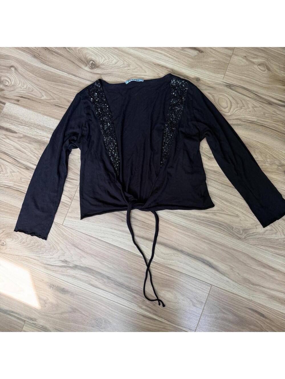 Vtg Velvet Black Sequin Tie Front Bolero Shrug Long Sleeve USA Size L Y2K